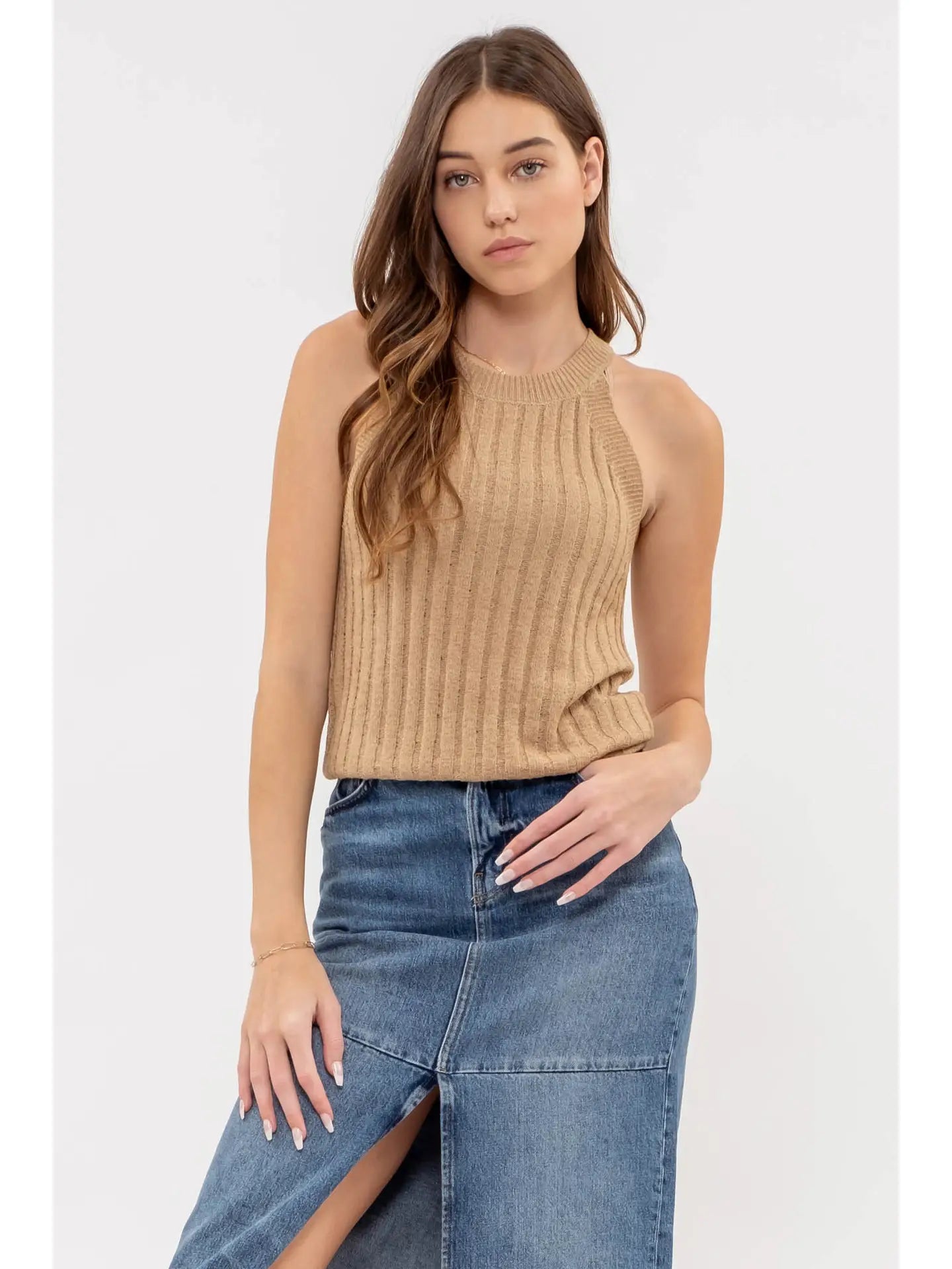 Toasted Almond Knit Halter Top