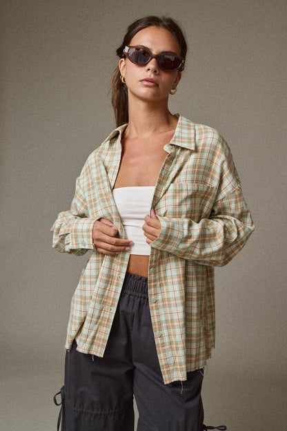 Sage Plaid Button Down Top